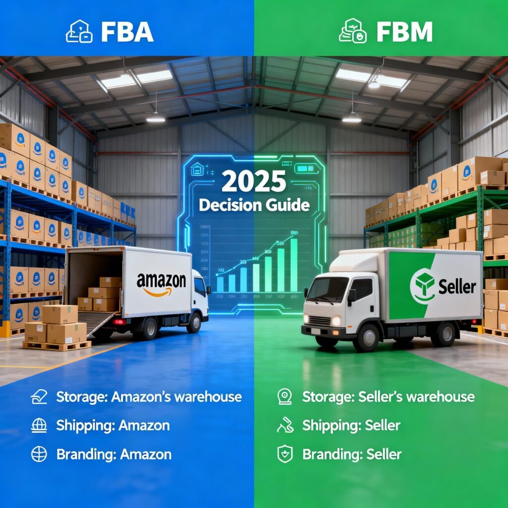 Amazon FBA vs FBM 2025, Amazon fulfillment guide, seller shipping options, Prime eligibility, storage fees, branded packaging, pros and cons, business decision, warehouse management, FBA FBM comparison, mnoorllc.com support