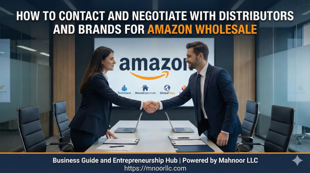 Two business professionals shaking hands in a modern conference room with an Amazon logo in the background, representing a successful partnership between a seller and a wholesale distributor.
