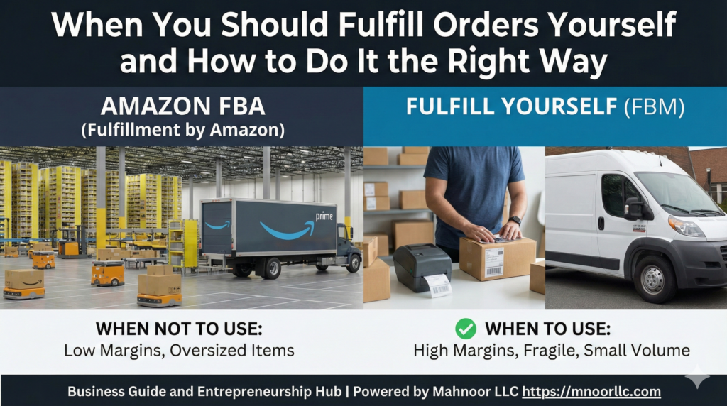 Comparison illustration: On the left, an Amazon fulfillment center with robots; on the right, a business owner packing a box personally, illustrating the choice between FBA and self-fulfillment (FBM).