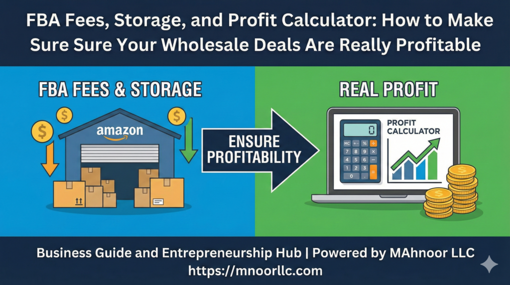 A split-screen illustration showing an Amazon warehouse with cost indicators on the left and a laptop displaying a profit calculator with growing charts on the right, symbolizing financial analysis for wholesale deals.