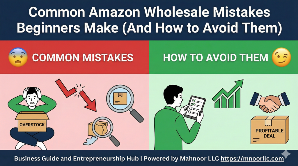 Split-screen illustration: On the left, a stressed seller dealing with overstock and losses (red background); on the right, a successful seller analyzing data and making profits (green background), symbolizing the avoidance of common Amazon wholesale mistakes.