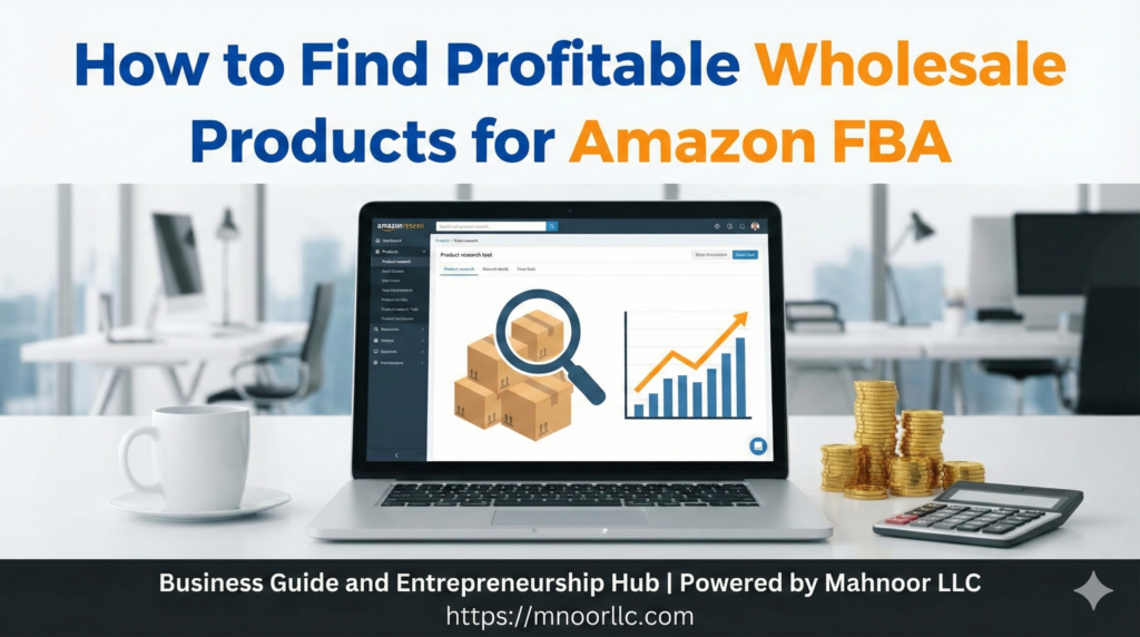A professional workspace featuring a laptop displaying product research analytics and a magnifying glass over shipping boxes, symbolizing the search for profitable Amazon wholesale products.