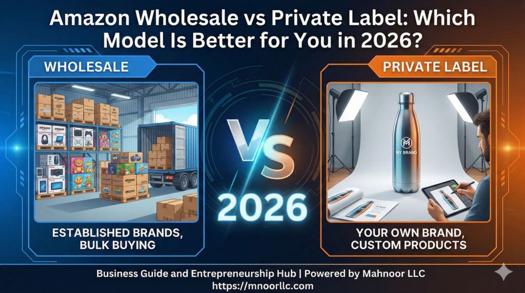 Split-screen illustration comparing Amazon Wholesale (bulk branded boxes) against Private Label (custom brand design), highlighting the key differences between the two business models for 2026.