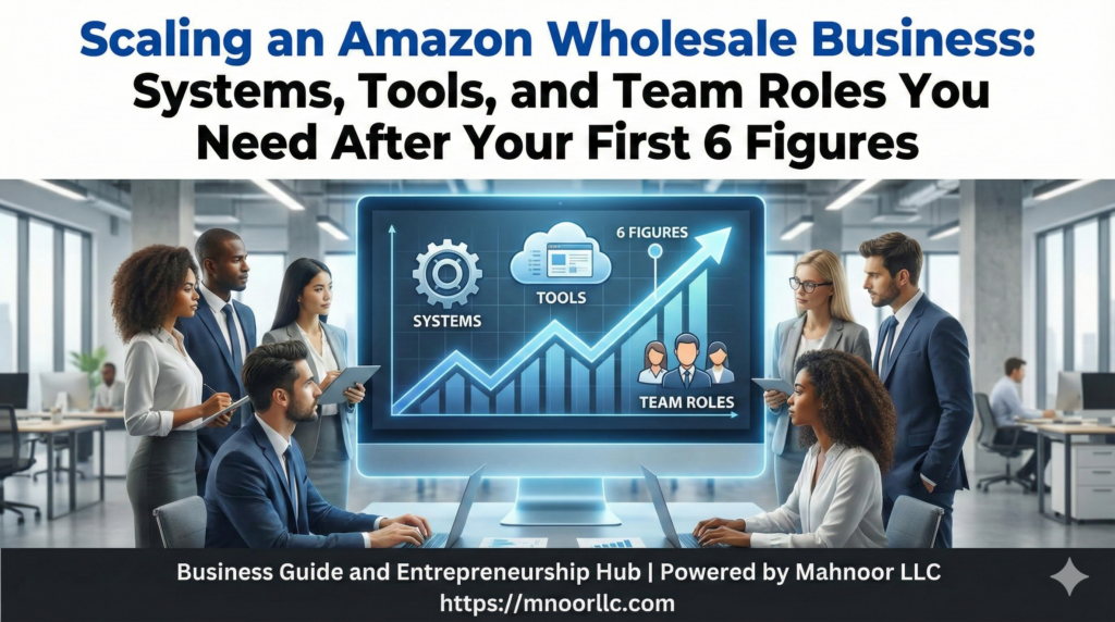 A modern office setting showing a digital growth chart rising past "6 Figures," surrounded by icons representing automation tools, systems, and a diverse team, symbolizing business expansion.