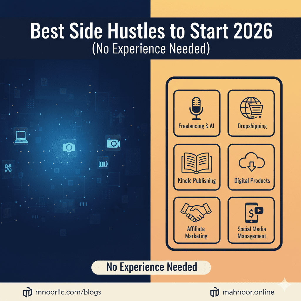 Illustration of a person working remotely on various side hustles in 2026.