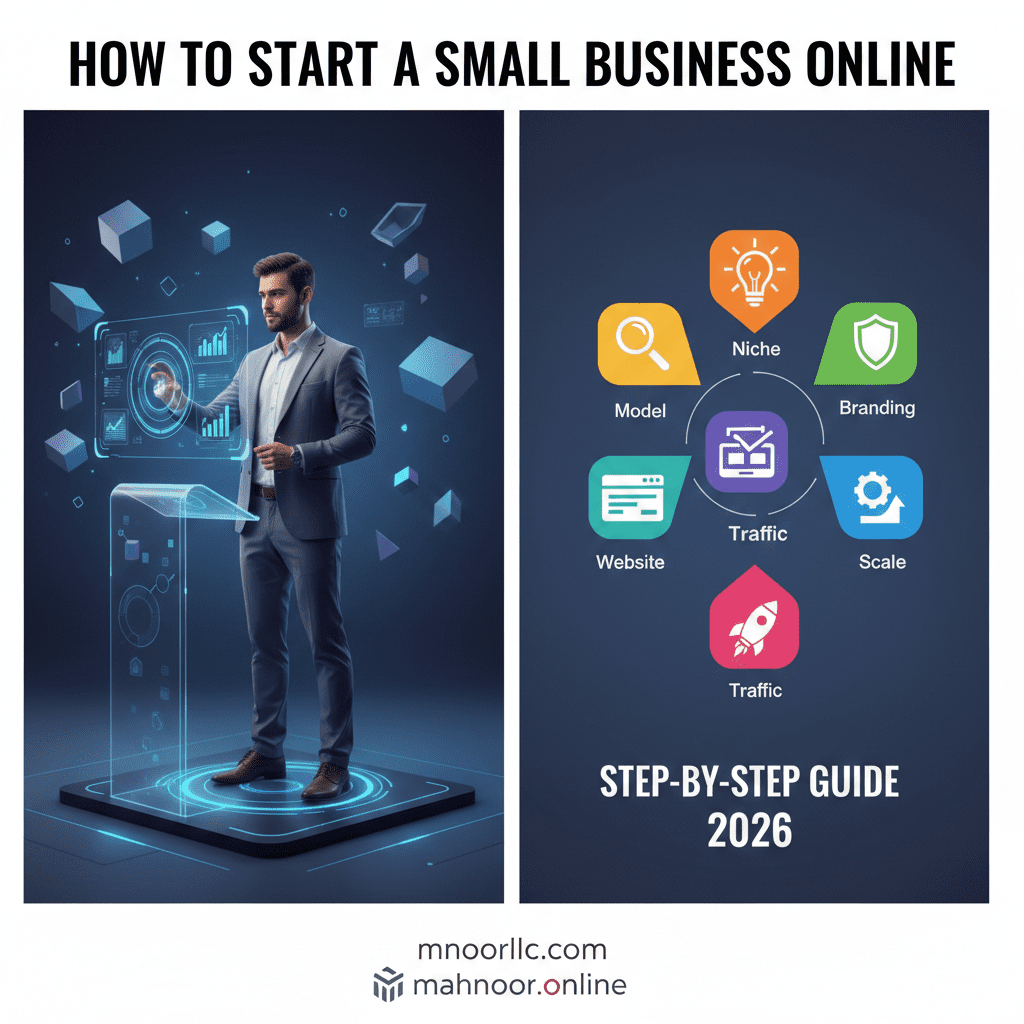 Infographic showing step-by-step guide to starting an online business in 2026 including niche, branding, and traffic."
