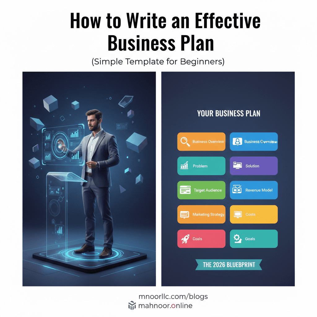 A minimalist 1-page business plan template showing 8 key sections for startup success.
