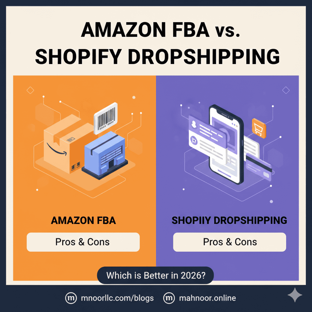 Infographic comparing Amazon FBA warehouse logistics versus Shopify Dropshipping mobile storefront interface for 2026 business models.