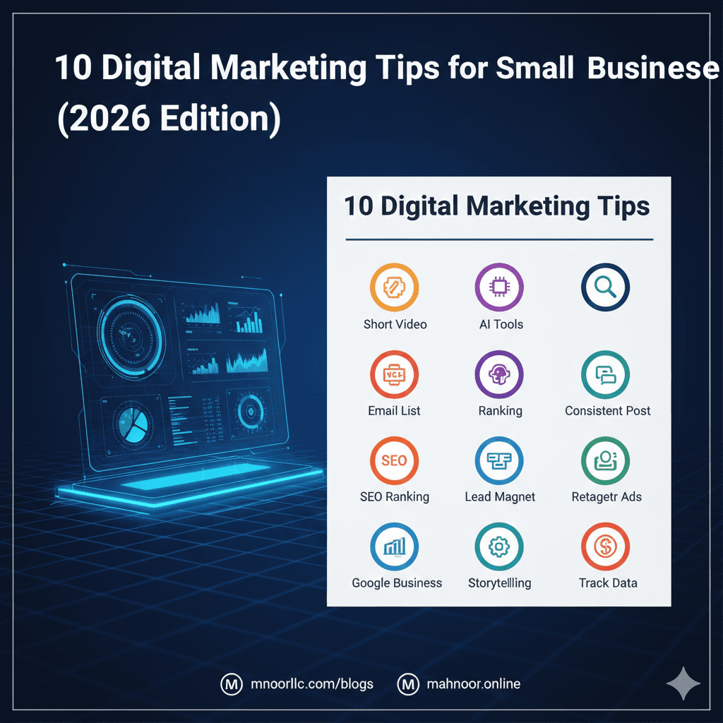 A modern digital marketing dashboard showing 10 growth strategy icons for 2026 small business marketing